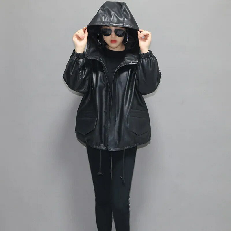Women's Loose Sheepskin Coat, Casual Hooded Jacket, Show Slimming Youth Jacket, Genuine Leather Jackets, Autumn and Winter