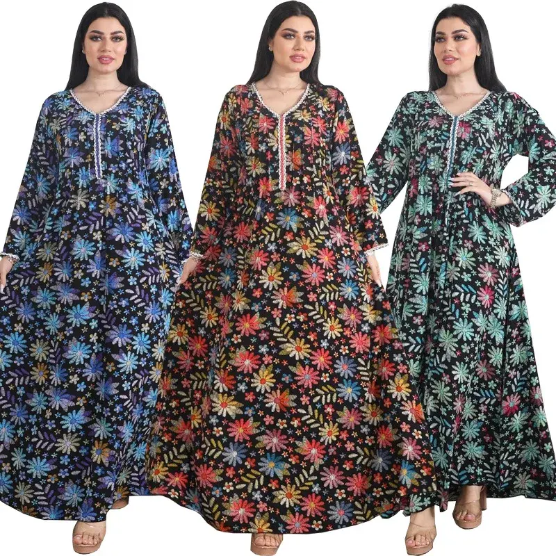 Hand-pressed Diamond Muslim Fashion Printed Flower Maxi Dress Evening Party Large Size Dresses for Women Kaftan Femme Musulman