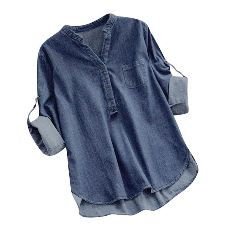 Blusa jeans de bainha assimétrica feminina, tops de manga longa, bolso de botões, casual, elegante, feminina