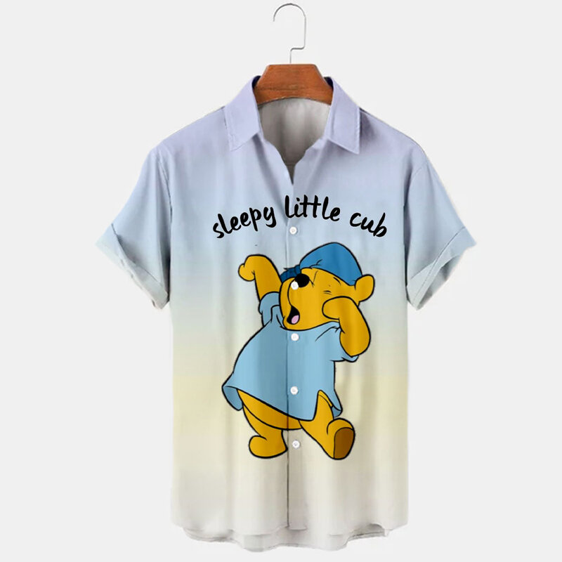 Chemise à revers à manches courtes pour hommes, haut de marque Disney, coupe cintrée, décontracté, dessin animé Winnie l'ourson imprimé en 3D, nouvelle collection été 2022