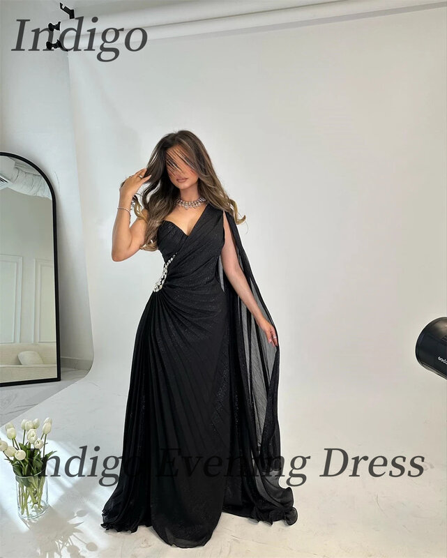 Indigo Chiffon Ballkleider V-Ausschnitt lange Ärmel boden lang eine Linie Frauen formelle Party elegantes Kleid 2024 vestidos de Gala