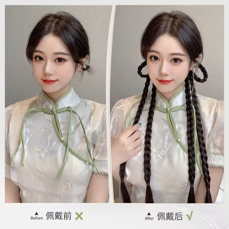 Chinese ponytail wig, ancient headdress, lop-eared rabbit, high/low braids, long braids, double ponytails, hair replacement.