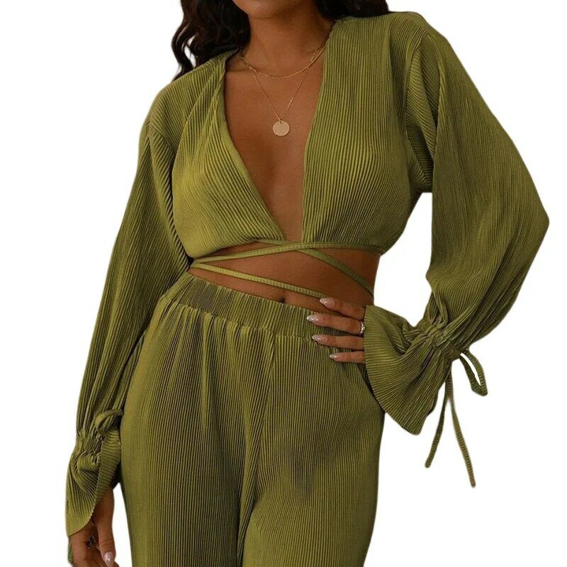 New Women Set Spring/summer Stylish Solid V-neck Long Sleeve Tops and Baggy Wide-leg Pants Two Piece Set Women Sexy Club Female