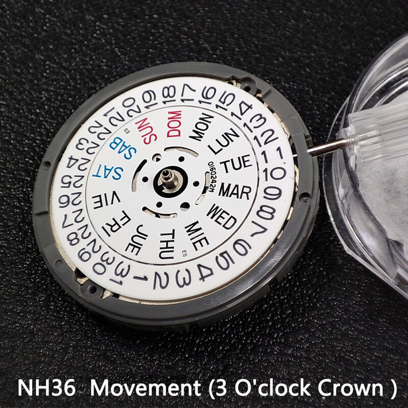 Japão Original Movimento do relógio automático, Peças de reposição mecânicas, 3 O'Clock Crown, Data Week, Inglês Branco, NH36, NH36A
