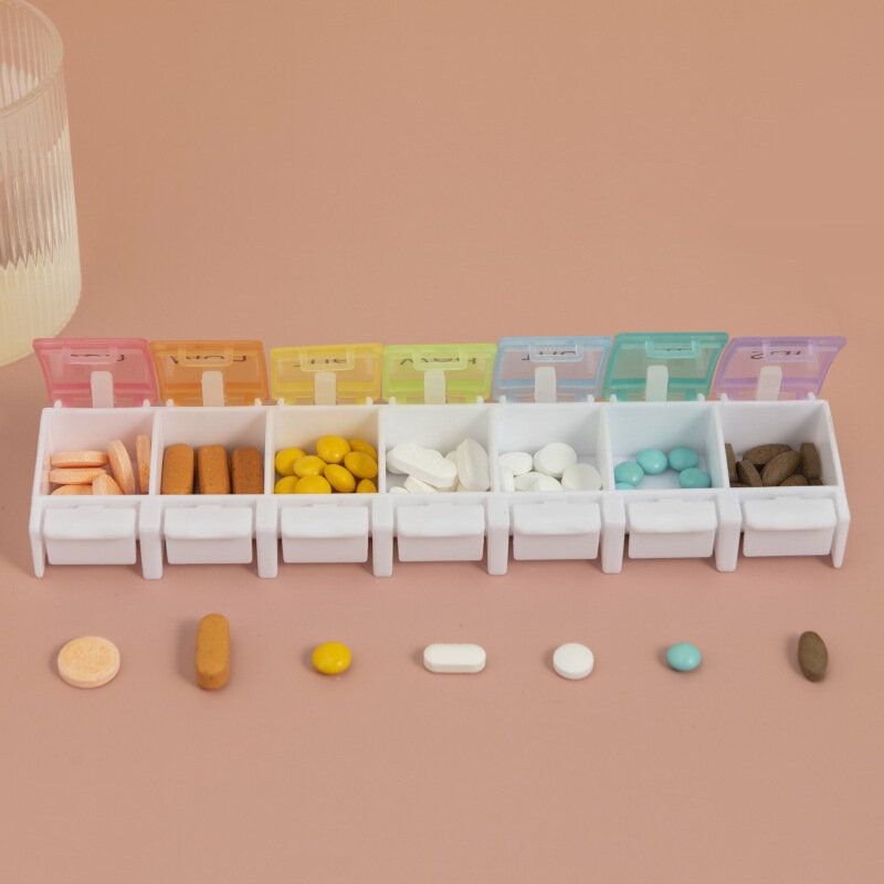 Boîte à pilules hebdomadaire de 7 jours, porte-tablette coloré, mallette de rangement pour bouton de médecine, conteneur de médicaments ouvert, mini boîte, évaluation de pilules