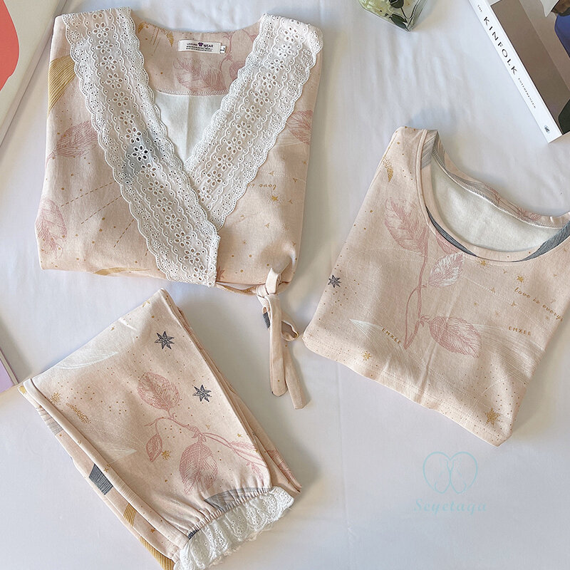 Setelan Pakaian Tidur Ibu Hamil Katun Sutra Susu Tipis Musim Gugur Pakaian Piyama Cantik Manis Pakaian Hamil Pakaian Santai Rumah
