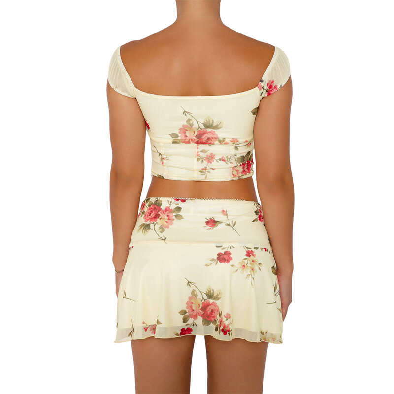 Conjuntos de minifalda de 2 piezas para mujer, Tops cortos con estampado Floral de corbata Y2k y falda de línea a ajustada, conjuntos de vestido, ropa de discoteca