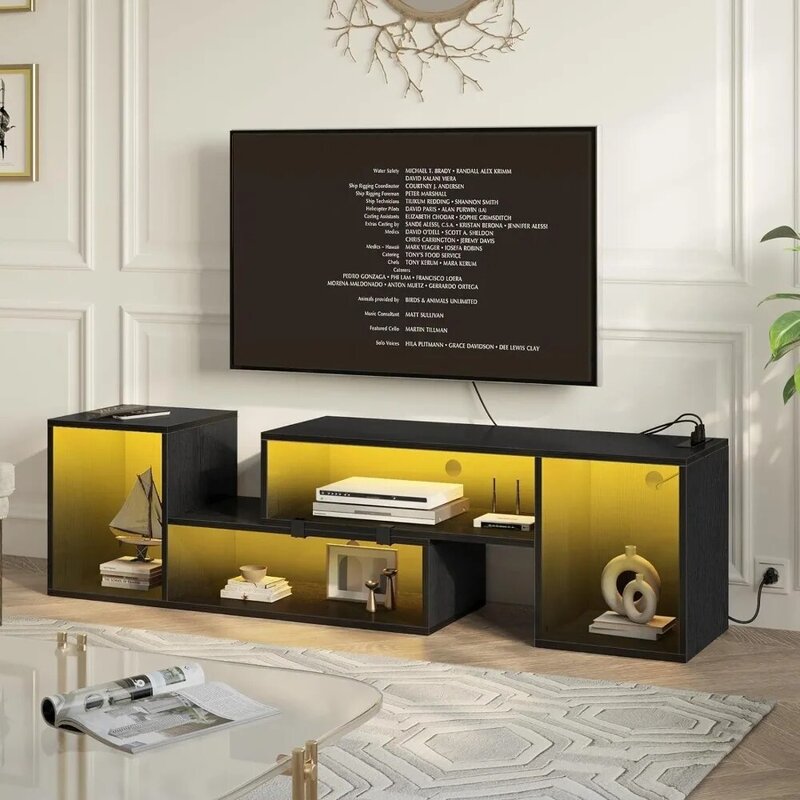 Soporte de TV con tira LED y tomas de corriente, gabinete de consola de 2 piezas, soporte de TV negro