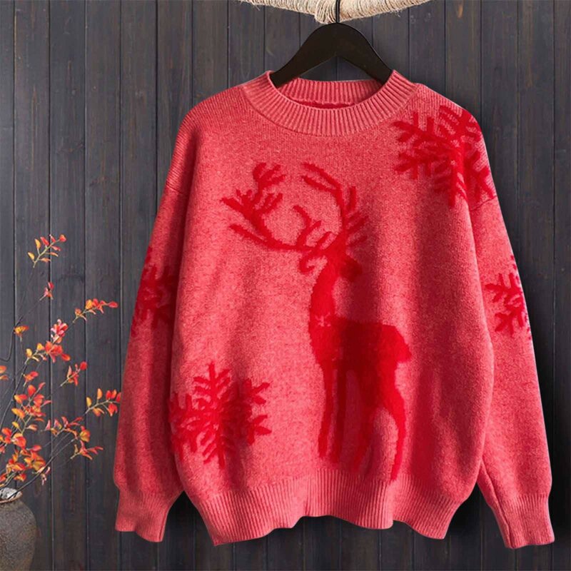 Women Crew Neck Long Sleeve Christmas Sweater Snowflake And Deer Pattern Thick Knit Female Pullover Sweater