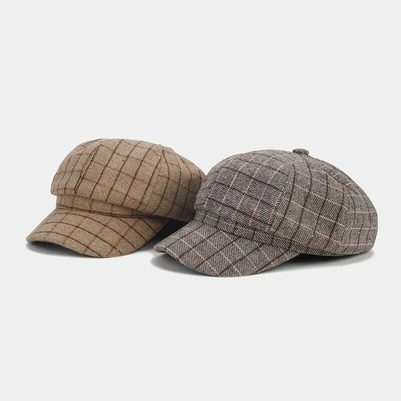 Jesienno-zimowa czapka ośmiokątna w kratę w stylu England moda damska czapka kaczka na język Retro odzież robocza czapka gazeciarza mężczyzn darmowa wysyłka