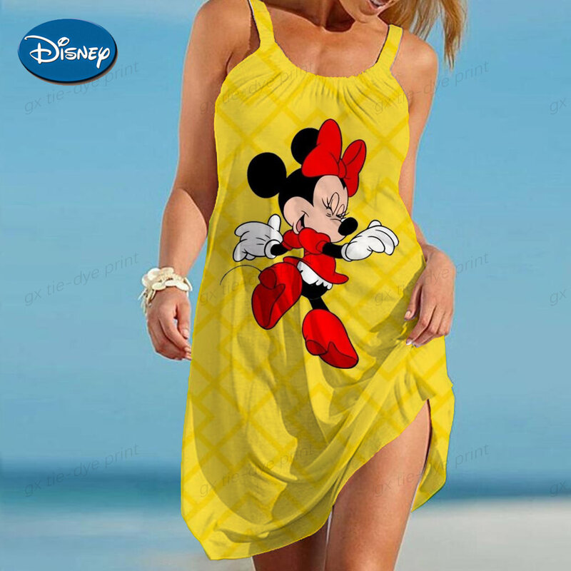 Sleeveless Women's Dress Cartoon Print Sling Top Disney Summer Woman 2024 Loose Sexy Minnie Mouse Boho Beach Print  Dresses S-5X