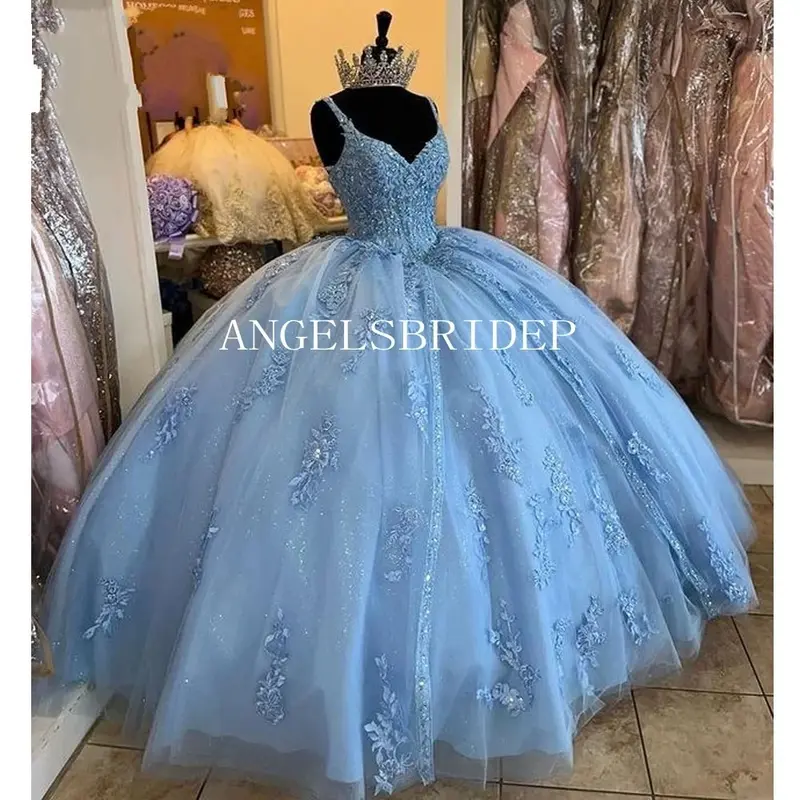 Angelsbridep Blue Ball Gown Spaghetti Straps Lace Up Sweet 16 Princess Beading Quinceanera Dresses Gala Vestido De 15 Anos