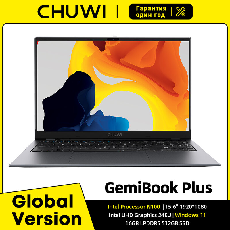 CHUWI Laptop 15.6 ", gemebook Plus Laptop Intel N100 grafik untuk generasi 12 RAM 16GB 512GB SSD 1920*1080P dengan kipas pendingin Windows 11