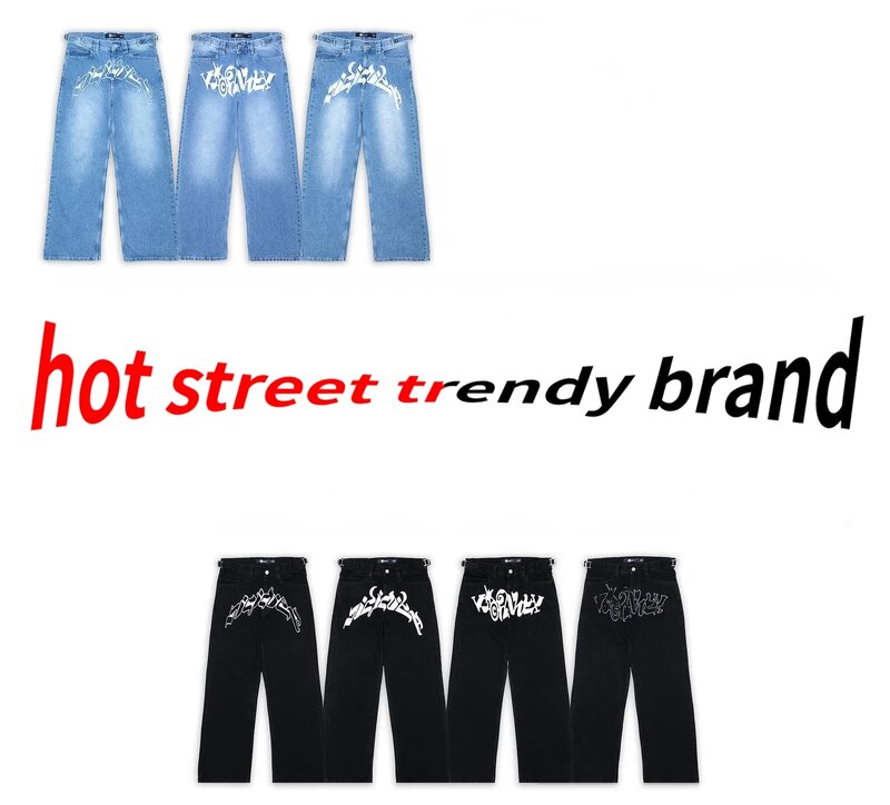 Женские джинсы в стиле хип-хоп Y2k, прямые мешковатые джинсы с широкими штанинами, женские и мужские повседневные черные брюки большого размера с принтом в стиле Харадзюку, Новинка