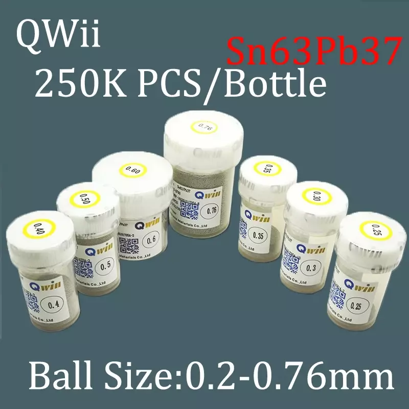 Sn63Pb37 Qwii 250k/botella 0,2 0,25 0,3 0,34 0,4 0,45 0,5 0,55 0,6 0,65 0,76mm bolas de soldadura BGA con plomo para Reballing Rework