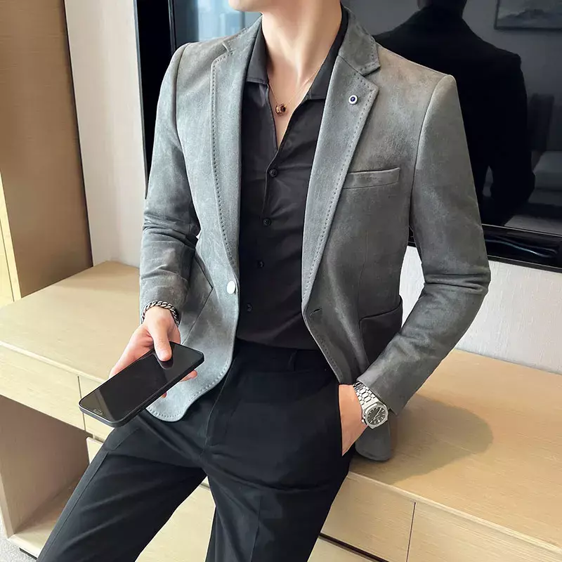 Blazers de terno casual de botão único masculino, casaco boutique de negócios, jaqueta fina de cor sólida, moda lazer, novo, 2023