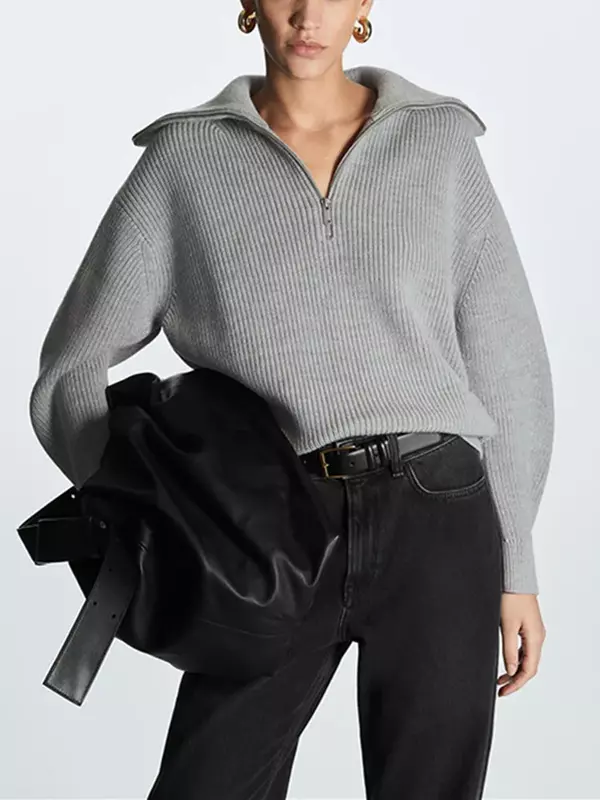 Suéter de meia zíper feminino, gola virada para baixo, pulôver casual de manga comprida, monocromático ou listrado, outono