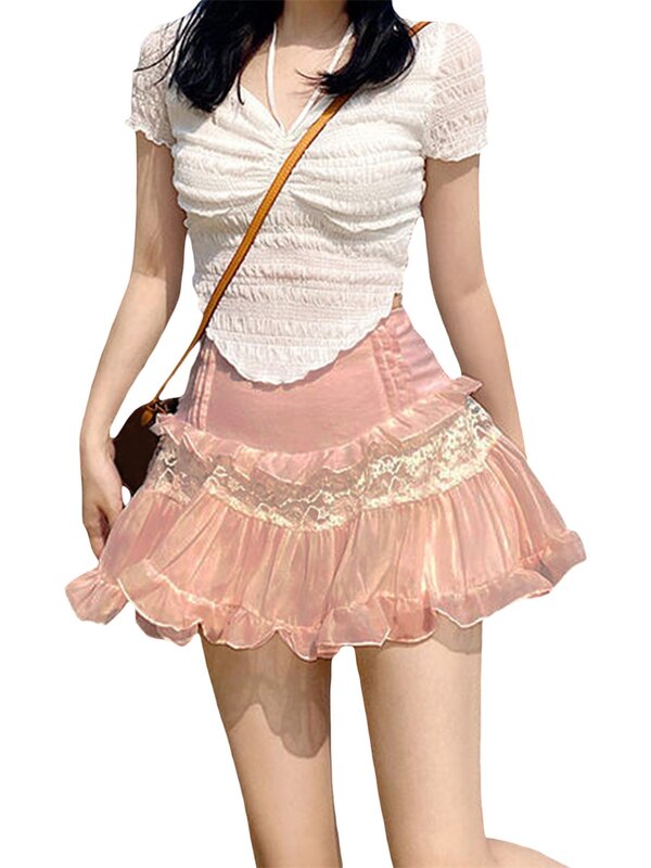Women Y2k Lace Ruffle Mini Skirt Elastic Waist Layered Flared Pleated A-line Skirts Swing Beach Short Skirt