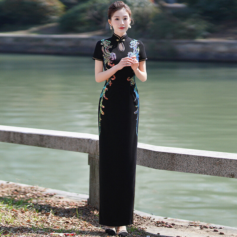 Женское черное винтажное эластичное платье, улучшенное Новое китайское традиционное платье-Ципао, элегантное вечернее праздничное платье, 5XL