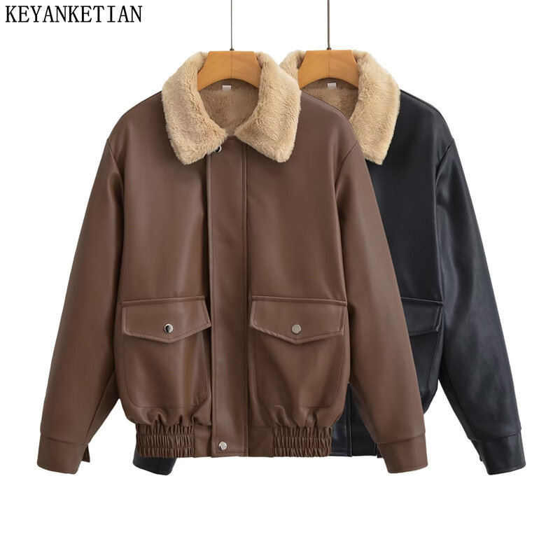Keyanketian-女性用の人工皮革のジャケット,ウサギの髪の装飾,折りたたまれた襟,新しい冬のコレクション