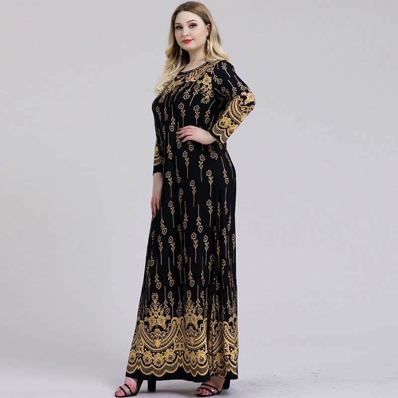 EDressU-Vestido largo Abaya para mujer, Túnica árabe musulmana con estampado de talla grande, manga larga de alta calidad, color negro y dorado, SJ-20261 2022