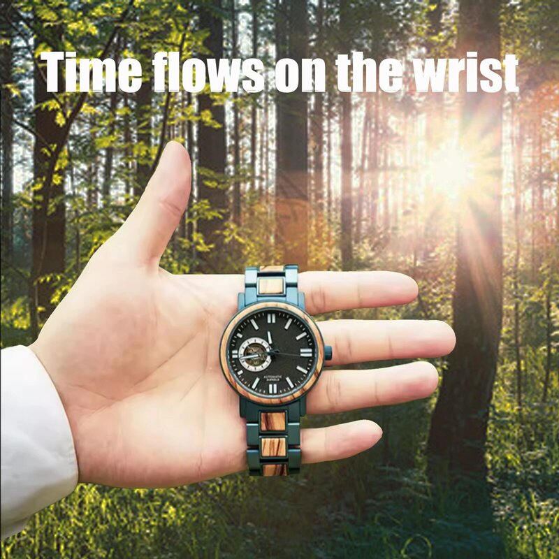 Men's Wooden Mechanical Luminous Waterproof Watch, Multifunctional Analog Watch with Adjustable Strap Best Holiday Gift for Men