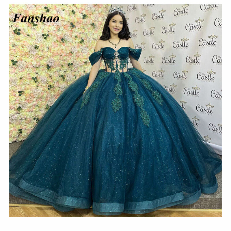 Fansha Ball Gowns Princess Prom Dress Saudi Arabric Boat Neck Sequin Crystals Floral Print Lace Up Appliques Made To Order