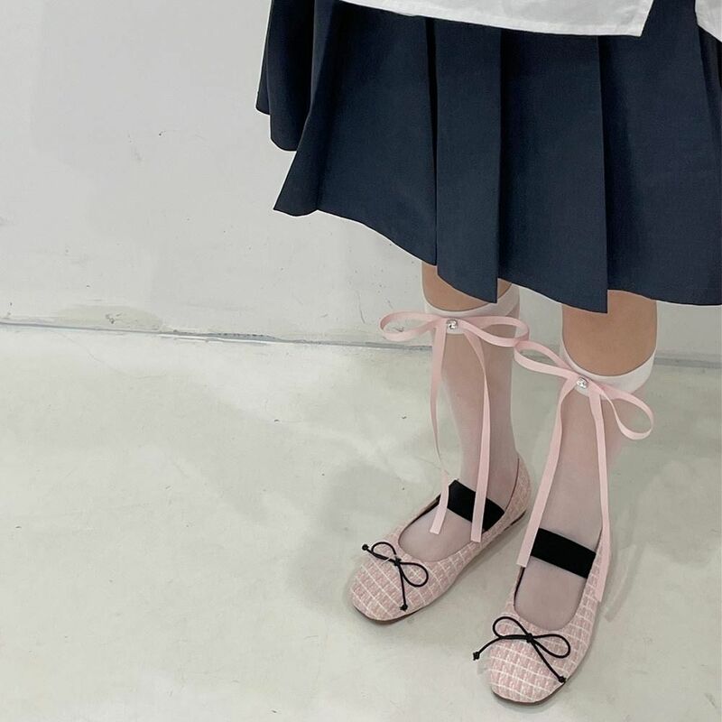 Spring and Summer Balletcore Style Ribbon Bow Tie Socks Sweet Cream White Glass Calf Pile Socks