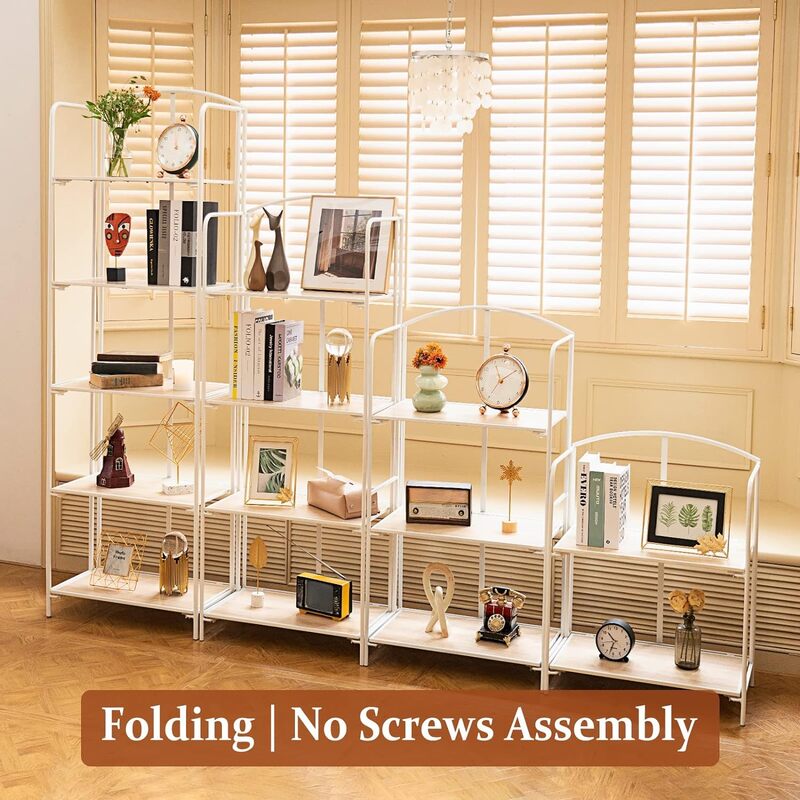 Component-free folding bookshelf, five layers of white bookshelf for storage, folding bookshelf, office organization and storage