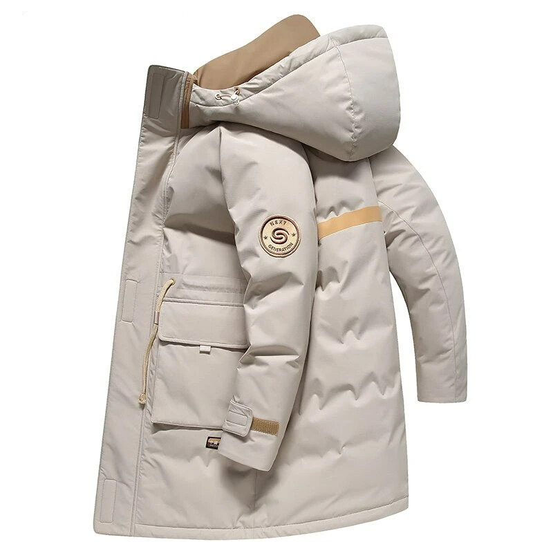 Пуховик мужской средней длины, выше колена, с капюшоном, теплая Модная куртка-парка, зима 2024