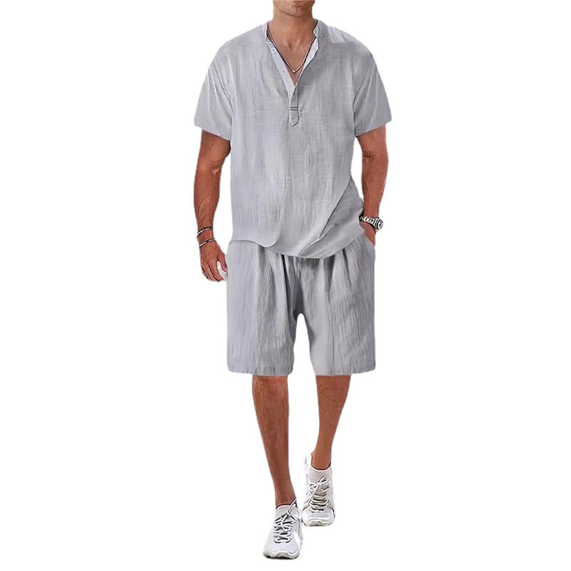 Camiseta de manga corta para hombre, conjunto de pantalones cortos sueltos, cuello levantado, informal, Color sólido, verano, nuevo