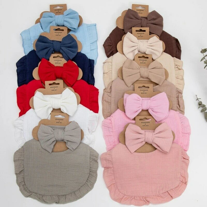 Adorável conjunto babadores infantis, faixa cabeça para recém-nascidos, laço cabelo com arroto, combinação presente