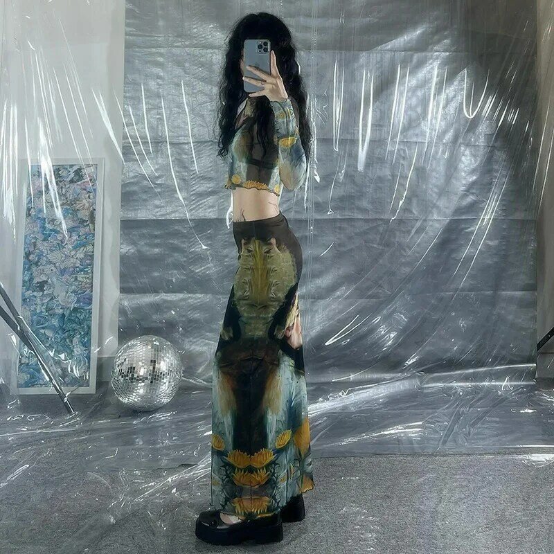 Lairauiy 여성용 Y2K 레트로 초상화 프린트 슬림 메쉬 크롭탑, 긴팔 크루넥, 양상추 밑단, 시어 티셔츠, 바디콘 스커트