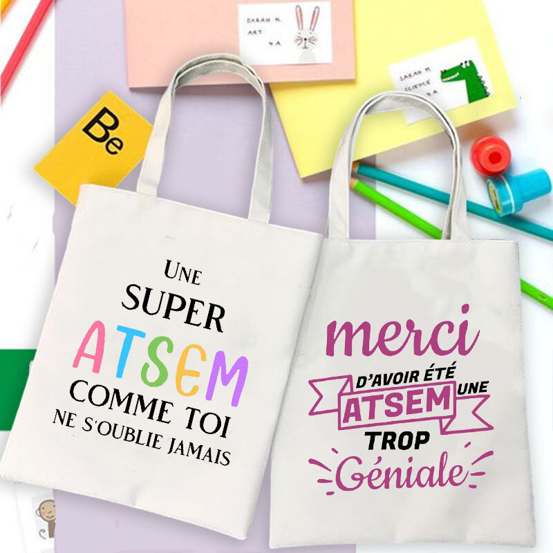 Bolso de compras ecológico Super Atsem, Merci Atsem, estampado francés, Harajuku, bolsos escolares de moda para mujer, regalos, bolsos de hombro de lona personalizados