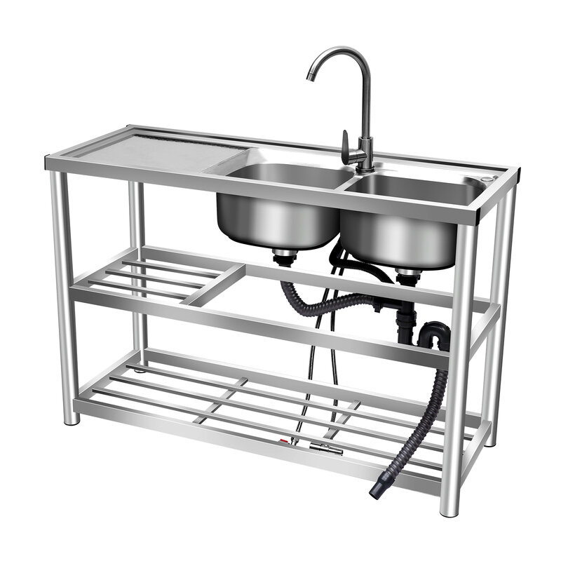 Double Bowl Commercial Restaurant Kitchen Sink Stainless-Steel Free Standing with Faucet Strong Load-bearing Capacity