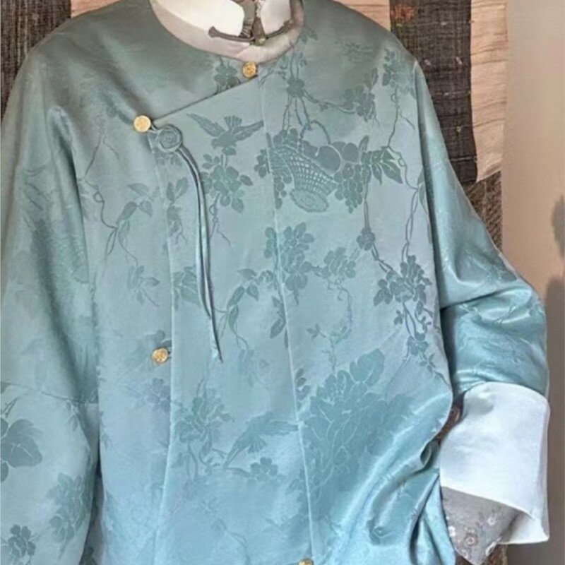 Mantel motif biru wanita Tiongkok, atasan berkancing simpul Diagonal, temperamen Retro gaya nasional