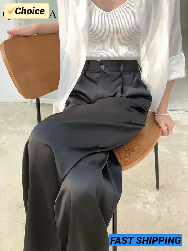 2024 primavera estate ghiaccio raso di seta pantaloni da donna gamba larga vita alta Casual nero coreano moda pantaloni per pantaloni da donna