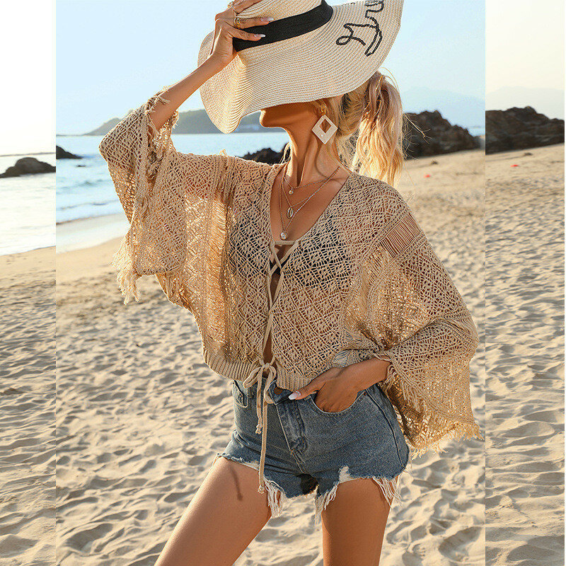 Malha oco fora blusa encobrimentos para praia, blusa exterior, biquíni de férias, tops de proteção solar, moda praia, verão, novo