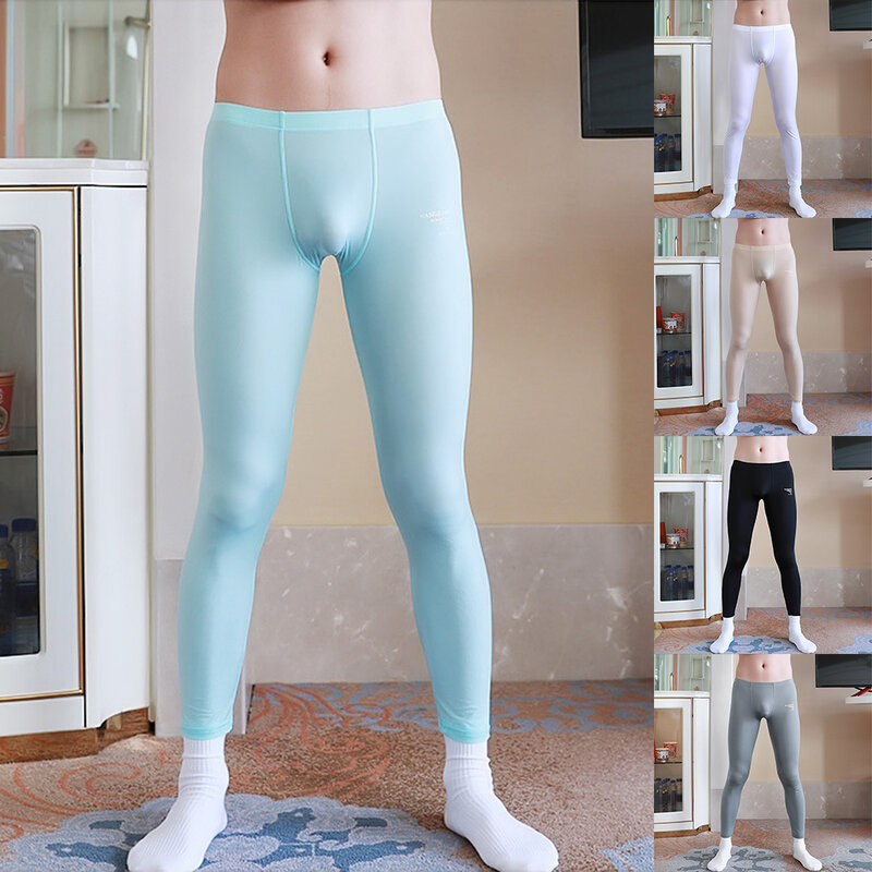 Men\'s Ice Silk Comfortable Fitness Bottoms Sexy Ultra-Thin Translucent Long Pants Homewear High Stretch Trousers Sleepwear