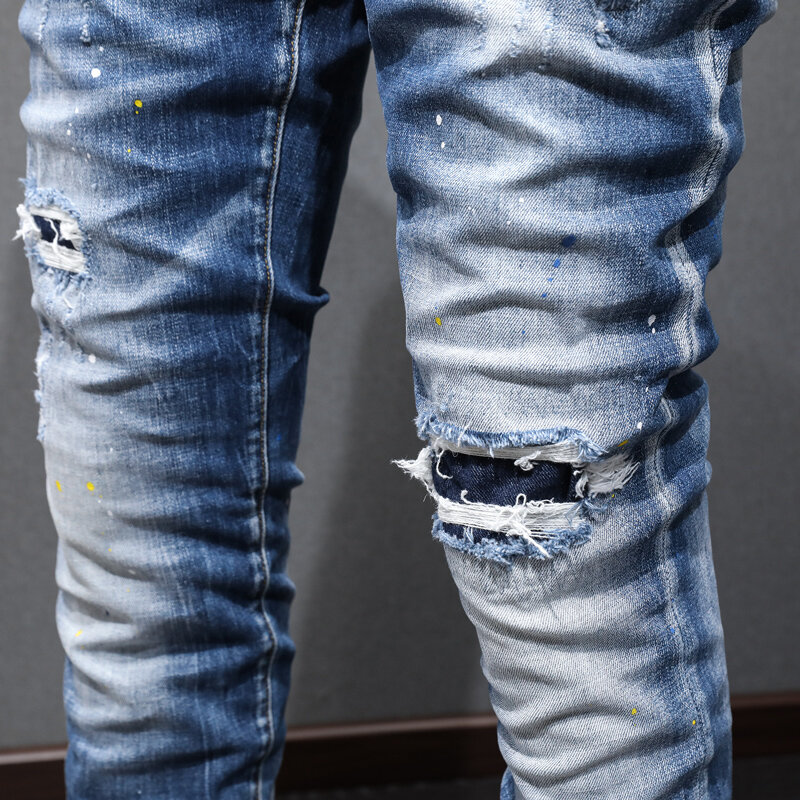 Modne męskie jeansy niebieskie w stylu Retro elastyczne rozciągliwe dopasowanie dopasowane porwane jeansy męskiego patchworku w stylu Vintage spodnie dżinsowe Hombre