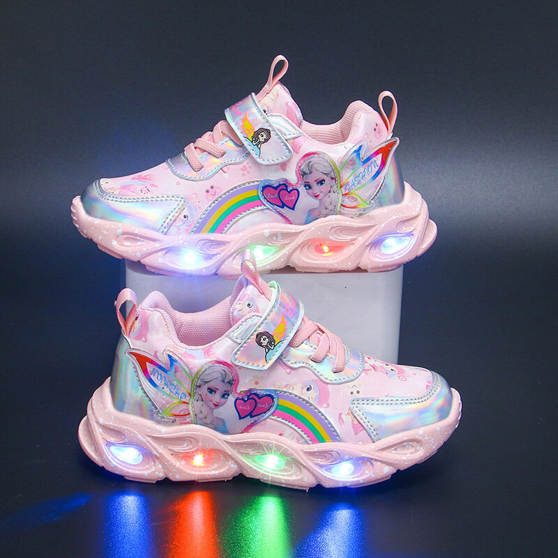 Disney-zapatos deportivos para niña, calzado de malla transpirable con luces Led, de cuero congelado, color púrpura, rosa, princesa Elsa, 22-36