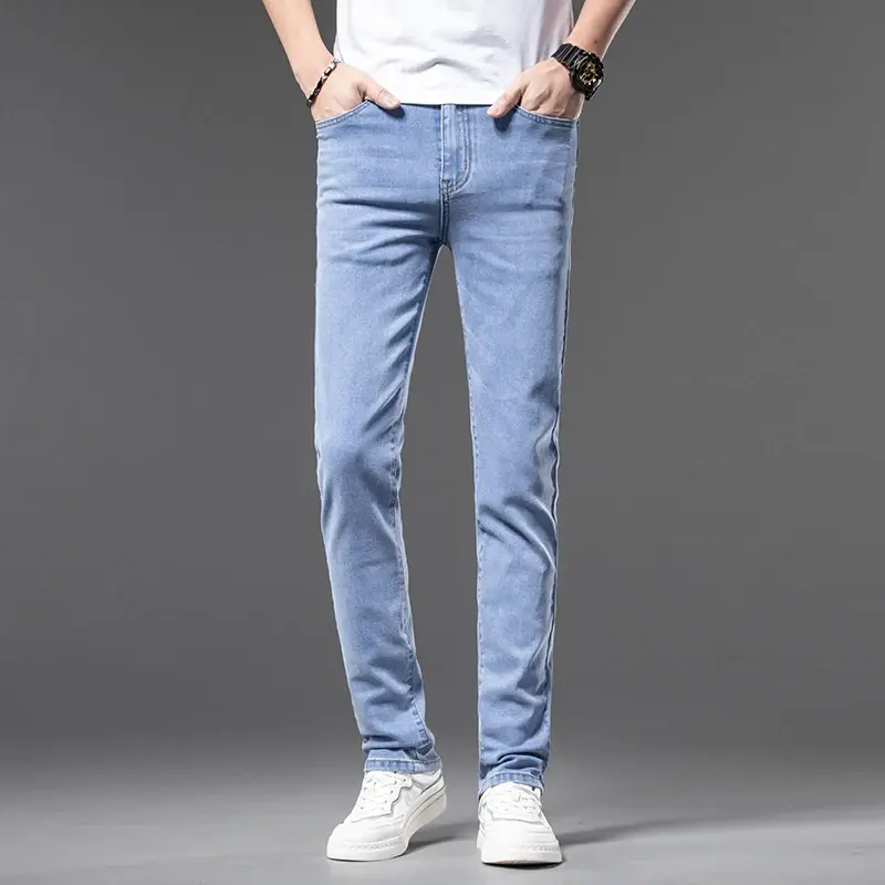 Деловые Стрейчевые джинсовые брюки 2024, мужские облегающие Прямые классические стильные летние мужские тонкие дышащие джинсы ярко-синего цвета