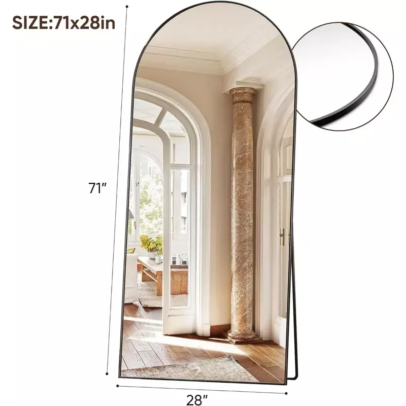Specchio a figura intera, specchio da pavimento oversize 71 "x 28" Freestanding, specchio da terra ad arco specchio a tutta massa con supporto