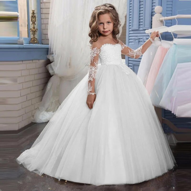 Scoop Lace Tulle Flower Girl Dress 2024 primo abito da festa di compleanno di nozze per bambini abito da ballo manica lunga banchetto abito da principessa