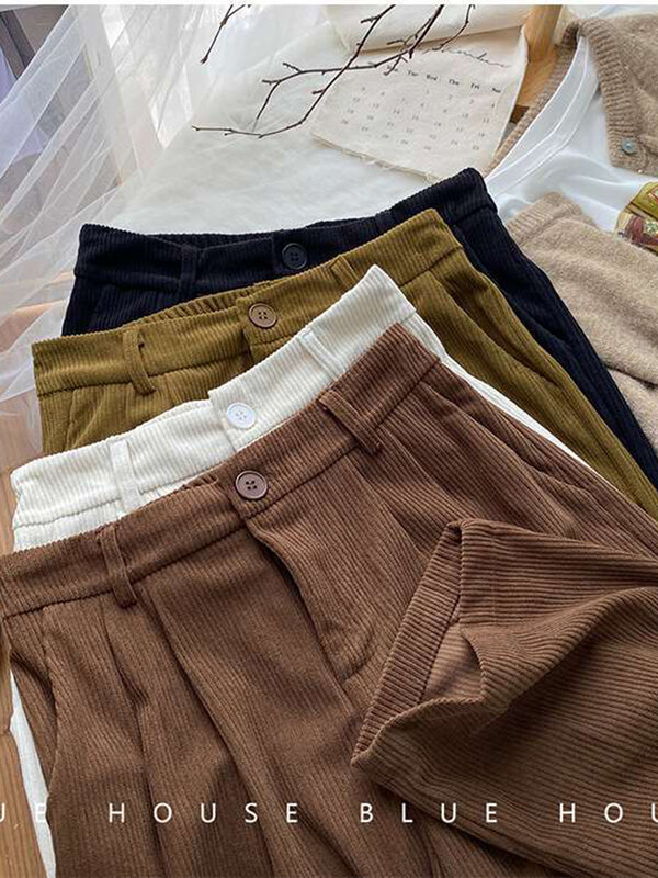 ZOKI – pantalon taille haute en velours côtelé rétro pour femme, coupe droite, décontracté, longueur totale, Vintage, poches café, tout assorti, nouvelle collection