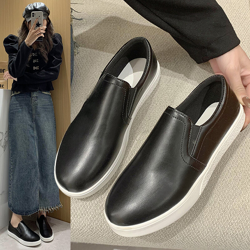 High Quality Leather Shoes for Women 2024 New Round Toe Women's Flat Shoes Fashion Concise Slip-on Loafers Zapatos De Mujer