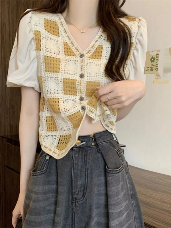 Conjunto de blusa de croché con botones delanteros para mujer, Tops calados elegantes de estilo francés, manga abullonada, verano, 2023