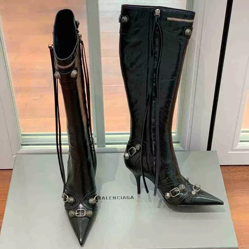 Sexy Pointy Toe Thigh High Boots 9cm Metal Stiletto Heels Women Patent Leather Fitted Party Boots Knee High Boots Fashion  Black