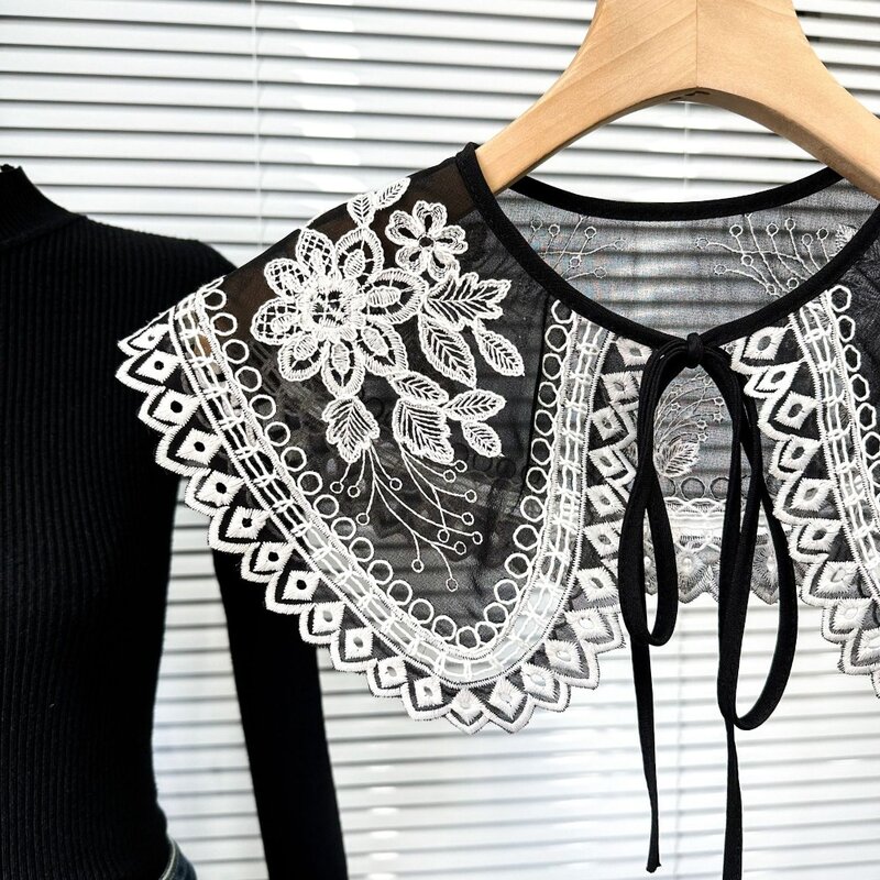 Black Hollowed Out Embroidered Fake Collar DIY Clothing Accessories Lace Up Shawl Dress Blouse Decor Fake Collar