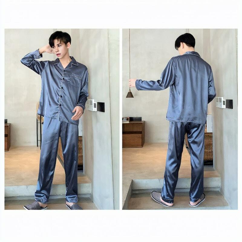 Solid Color Pajamas Set Men's Summer Pajama Set with Long Sleeve Shirt Wide Leg Pants Solid Color Sleepwear with for Comfort
